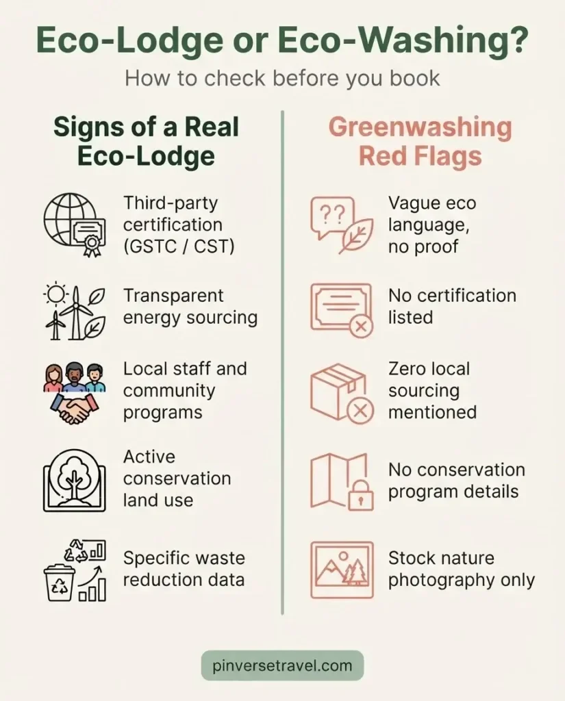 Infographic showing how to spot genuine eco-lodge sustainability certifications versus greenwashing warning signs when booking travel in the Americas