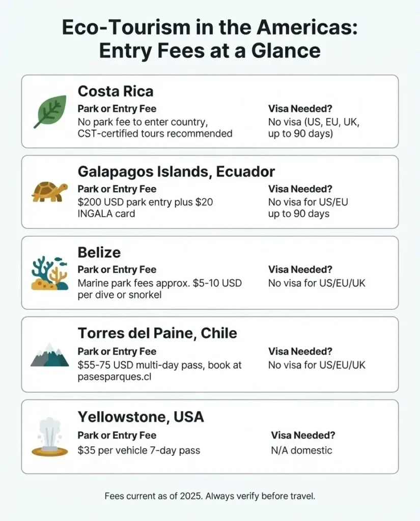 Infographic comparing entry fees and visa requirements for top eco-tourism destinations in the Americas including Costa Rica, Galapagos, Belize, Torres del Paine, and Yellowstone