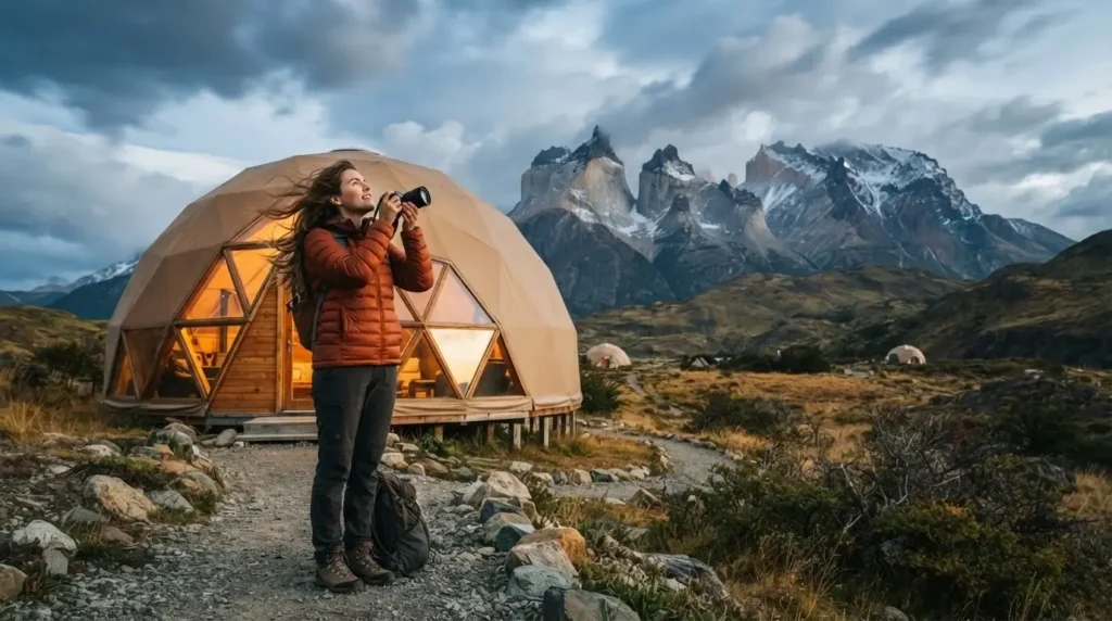 Solo female traveler outside a geodesic dome at EcoCamp Patagonia with Torres del Paine mountain peaks and dramatic Patagonian sky behind her