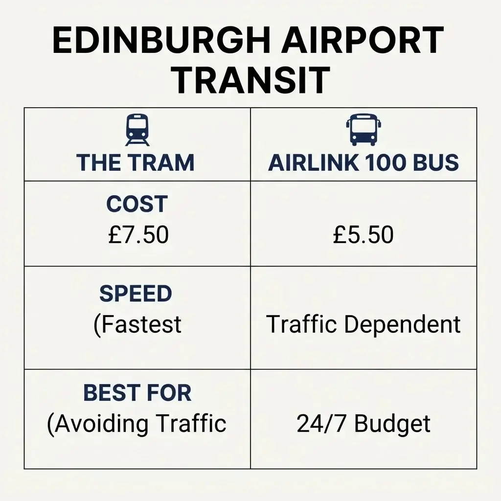 A clean flat-vector comparison table chart contrasting the Edinburgh Tram versus the Airlink 100 Bus on cost, speed, and drop-off points.