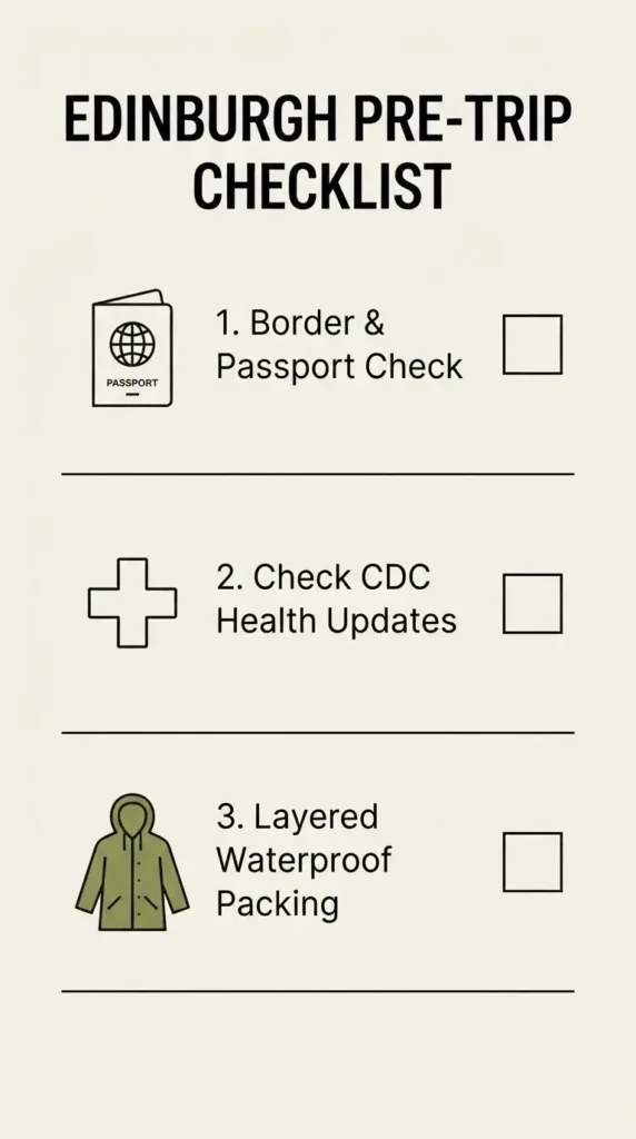 A minimalist vector infographic checklist detailing pre-trip preparation steps for an Edinburgh vacation, including passport checks, CDC health updates, and rainproof gear layers.