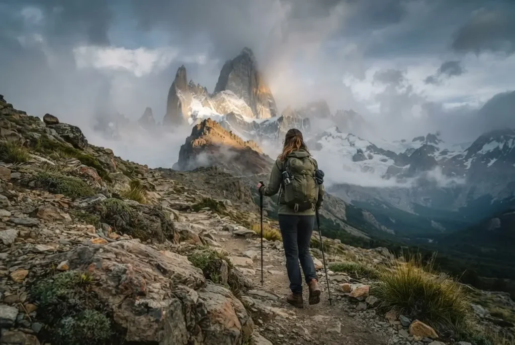Solo female traveler on the Laguna de Los Tres trail in El Chalten Argentina with Mount Fitz Roy jagged granite peak visible through morning clouds