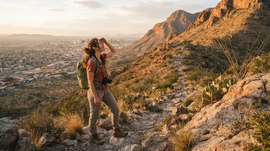Solo female traveler at the trailhead of Franklin Mountains State Park El Paso Texas, desert granite peaks rising behind the city skyline at warm late-afternoon light