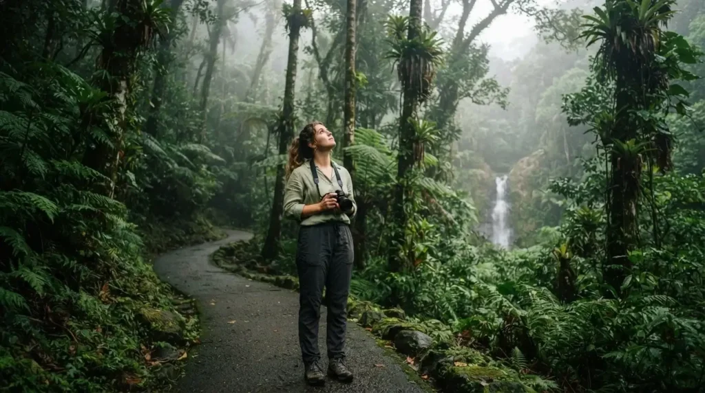 Solo female traveler hiking through El Yunque National Forest in Puerto Rico on a misty morning, lush tropical rainforest canopy and waterfall visible in background
