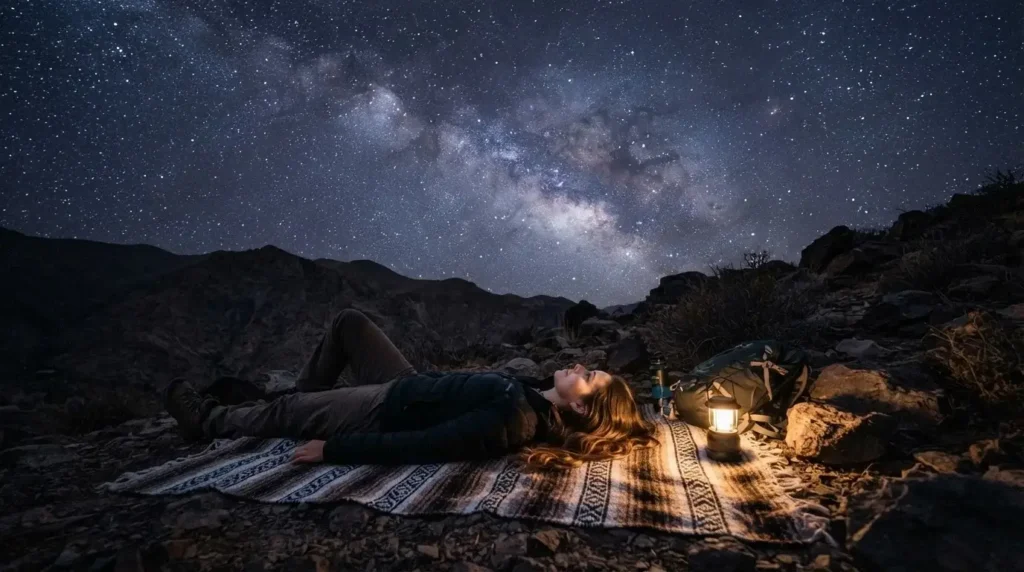 Solo female traveler lying on a blanket gazing at the Milky Way above the Elqui Valley Chile, Cochiguaz pre-Andean landscape under a brilliantly clear night sky