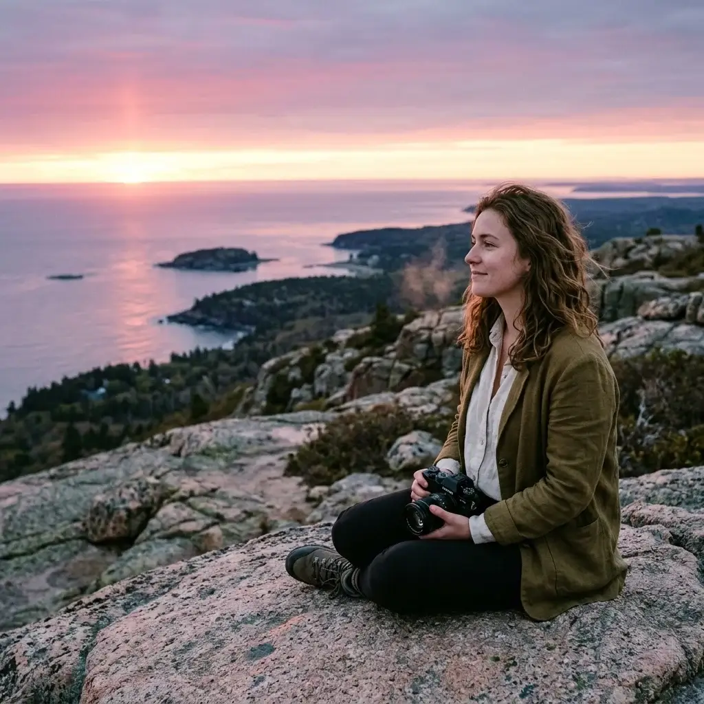 Solo female traveler sitting on granite rock at Cadillac Mountain in Acadia National Park Maine, watching first light sunrise over the Atlantic Ocean coastline