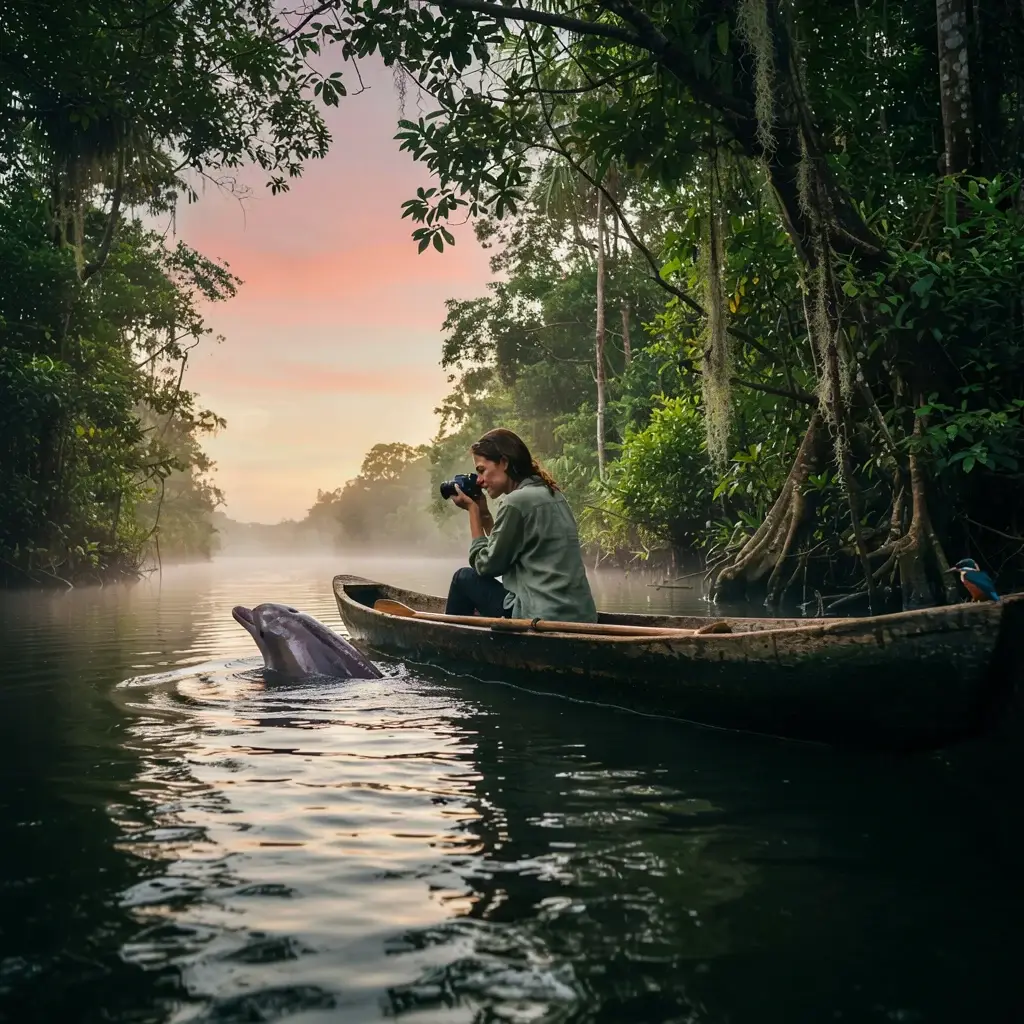 Solo female traveler sitting quietly in a narrow wooden canoe on a dark Amazon River channel at sunrise with pink dolphins surfacing nearby in the mist Brazil