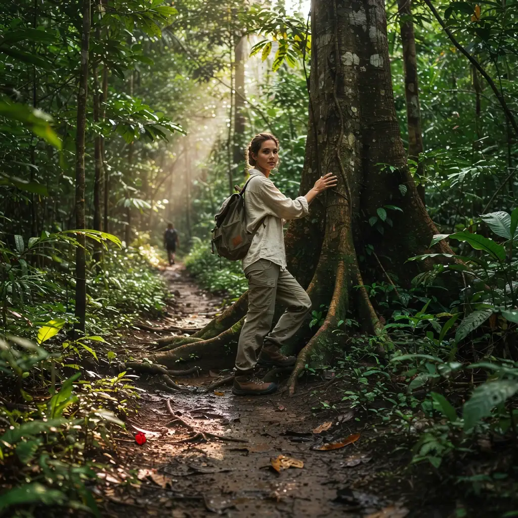 Solo female traveler walking a narrow jungle trail in the Amazon Rainforest Brazil wearing lightweight linen travel clothes and carrying a canvas daypack surrounded by dense green vegetation