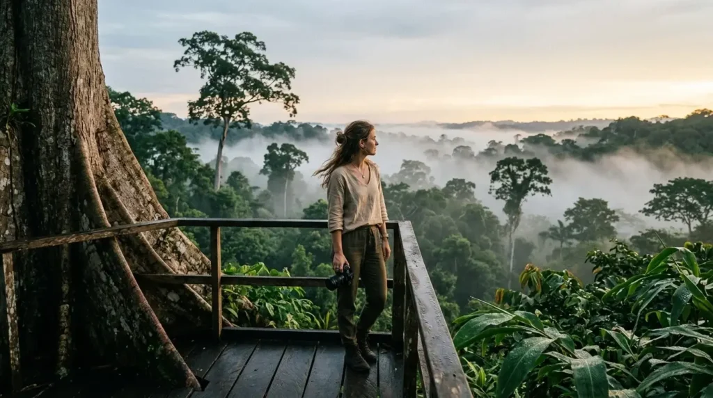 Solo female traveler looking out over the dense Amazon rainforest canopy from a raised wooden platform at dawn near Rio Negro Brazil surrounded by mist and towering trees