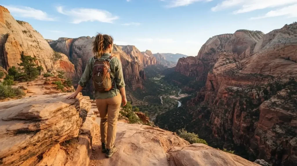 Solo female traveler standing at Scout Lookout viewpoint on Angels Landing trail in Zion National Park Utah overlooking canyon