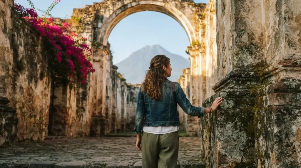 Solo female traveler exploring the open-air stone ruins of Santiago Cathedral in Antigua Guatemala with volcanic mountain visible in the distance