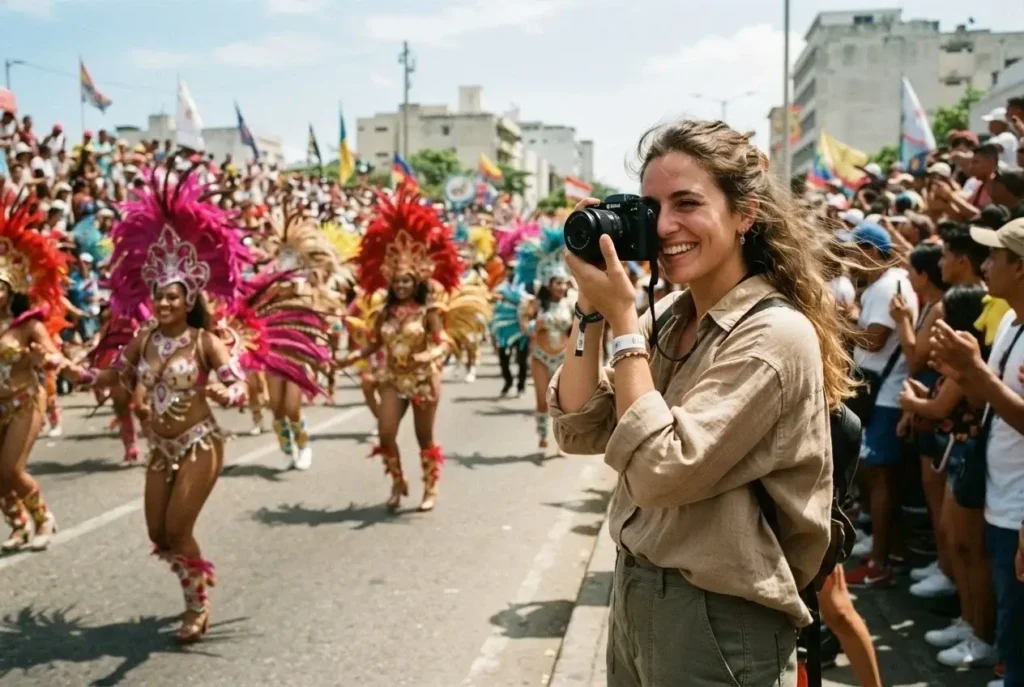 Solo female traveler watching a colorful Carnaval de Barranquilla street parade in Colombia with cumbia dancers in elaborate feathered headdresses and Caribbean coast energy