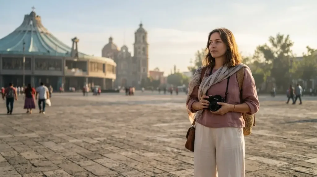 Solo female traveler with camera in the outdoor plaza of the Basilica of Guadalupe Mexico City in early morning light with pilgrims in background