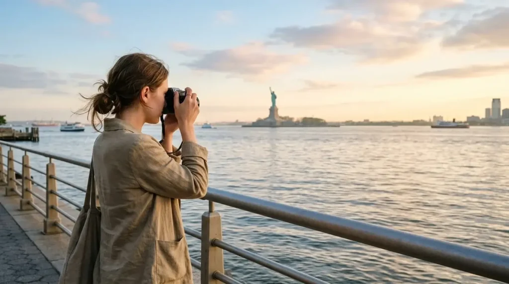Solo female traveler at Battery Park Manhattan looking toward the Statue of Liberty across the water on a clear morning, mirrorless camera around her neck, New York Harbor in background