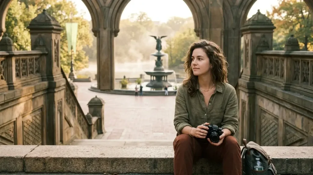 Young solo female traveler sitting on the steps of Bethesda Terrace in Central Park New York City during soft morning light, mirrorless camera in hand, quiet empty terrace behind her