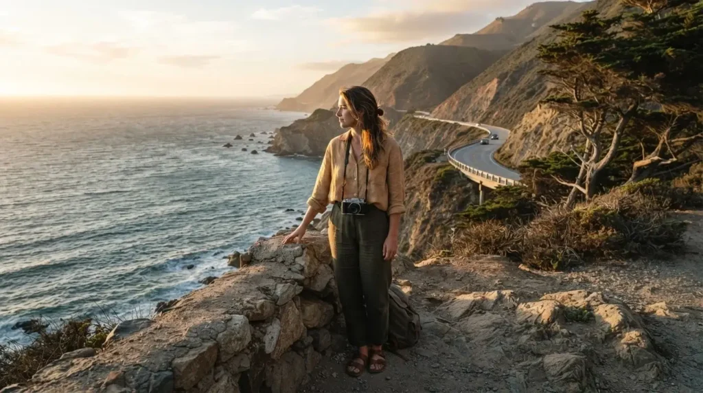 Solo female traveler at a clifftop pull-off on the Pacific Coast Highway in Big Sur California looking out over the Pacific Ocean at golden hour