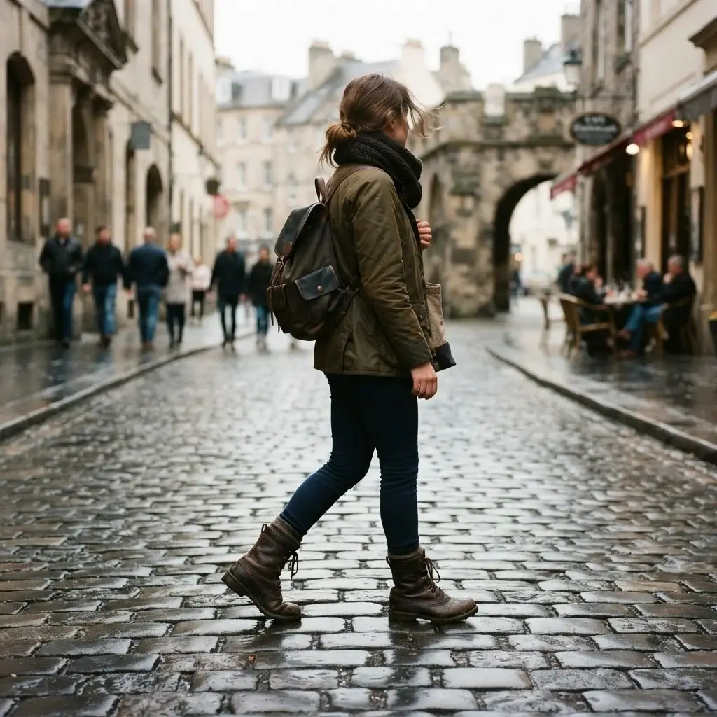 A side-profile shot of the solo traveler walking through a historic, slightly icy European city street, focusing on her comfortable, well-worn waterproof leather winter boots.