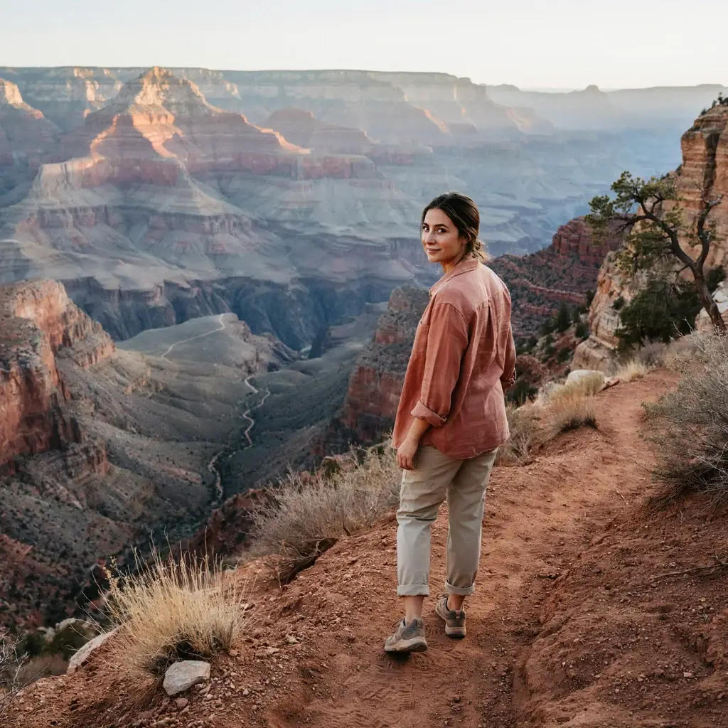 Solo female traveler descending Bright Angel Trail at Grand Canyon South Rim Arizona with layered canyon walls at golden hour