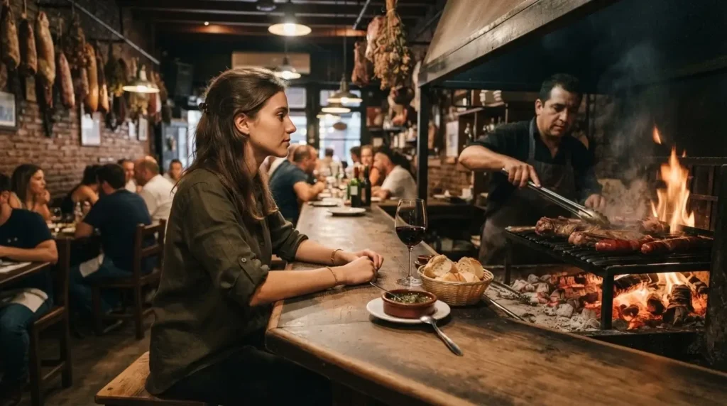 Young female traveler seated at a shared open-grill parrilla counter in Buenos Aires Argentina, watching the asador at work over glowing embers