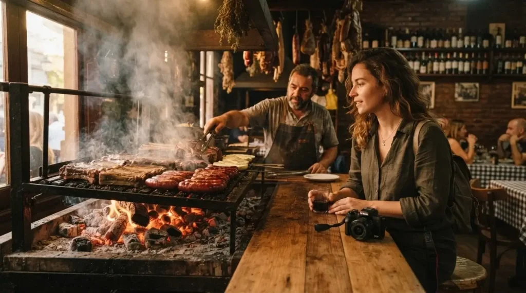 Solo female traveler at a Buenos Aires San Telmo parrilla steakhouse watching an asado grill fire with rows of beef ribs cooking on a live coal grill