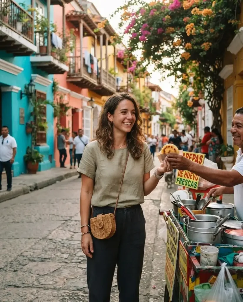 Solo female traveler holding a fresh arepa de huevo from a street vendor in Getsemani Cartagena Colombia with colorful painted buildings in the background