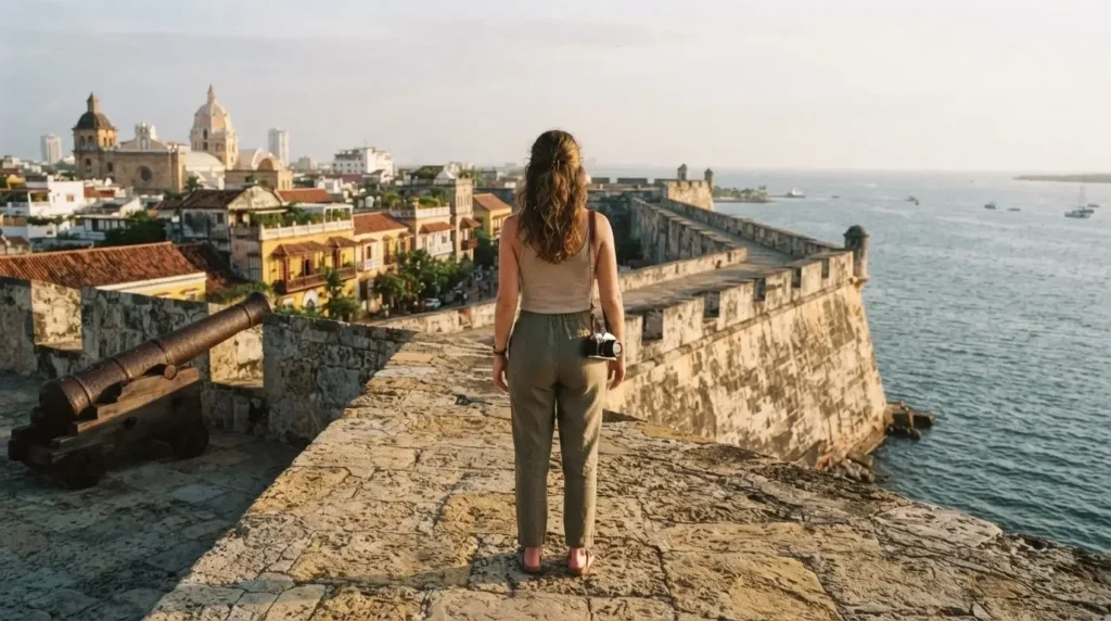 Solo female traveler walking the top of the ancient stone walls of Cartagena Colombia at early morning with the Caribbean Sea visible in the background and colorful colonial buildings below