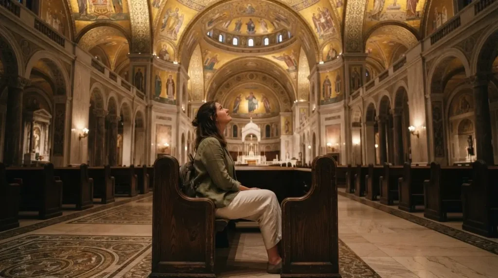 Solo female traveler sitting in pew of Cathedral Basilica of Saint Louis Missouri looking up at the massive golden mosaic ceiling tiles