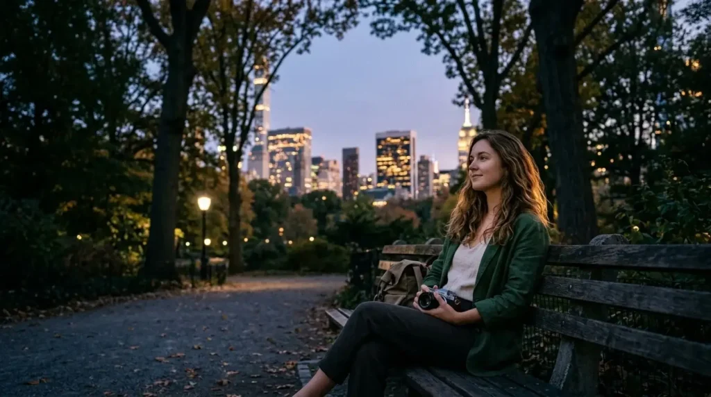 Young solo female traveler sitting on a park bench in Central Park New York City at dusk, Manhattan skyline visible through the trees behind her, camera resting in her lap, relaxed and contemplative