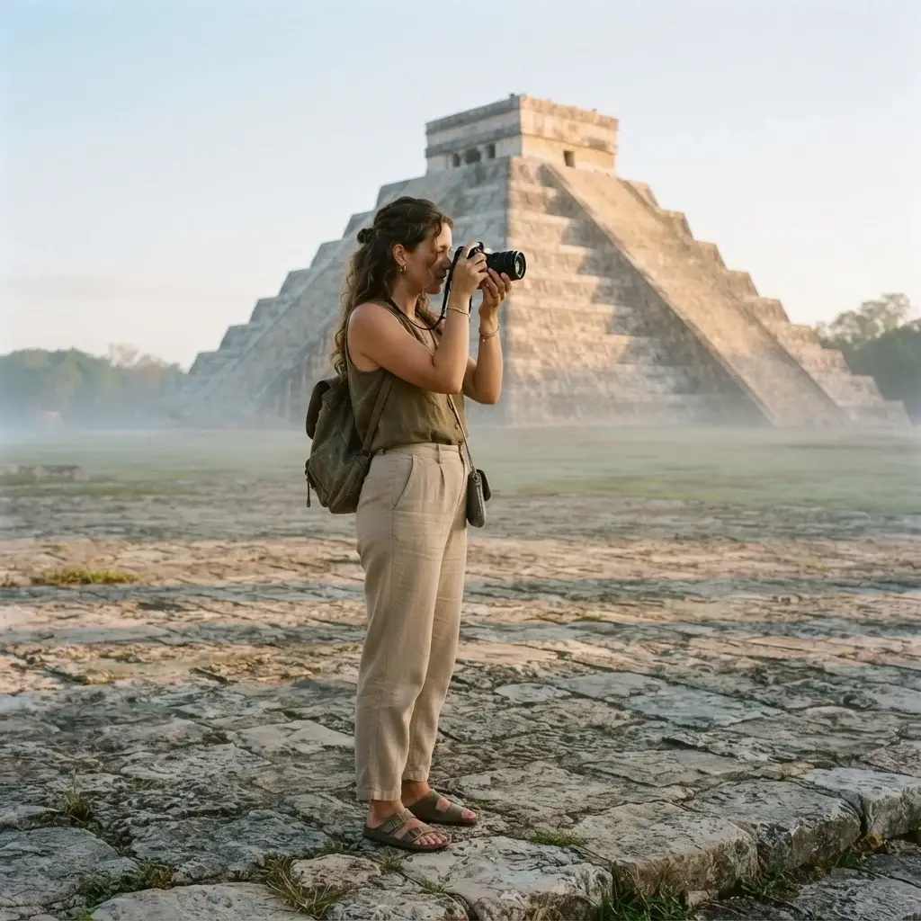 Solo female traveler photographing El Castillo pyramid at Chichen Itza, Yucatan Mexico, in soft early morning light with no crowds visible