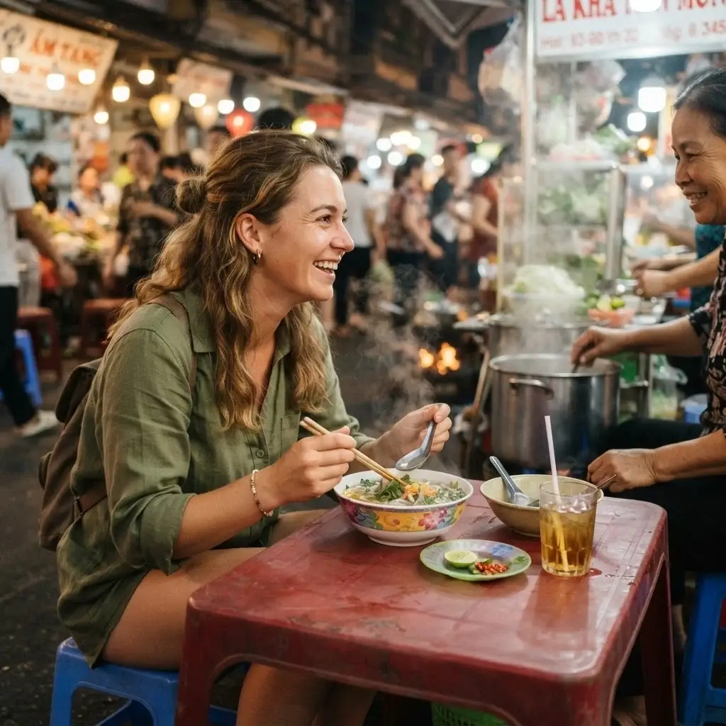 A solo traveler sitting at a humble, authentic outdoor street food stall, interacting with a local vendor in a bustling, vibrant neighborhood market.