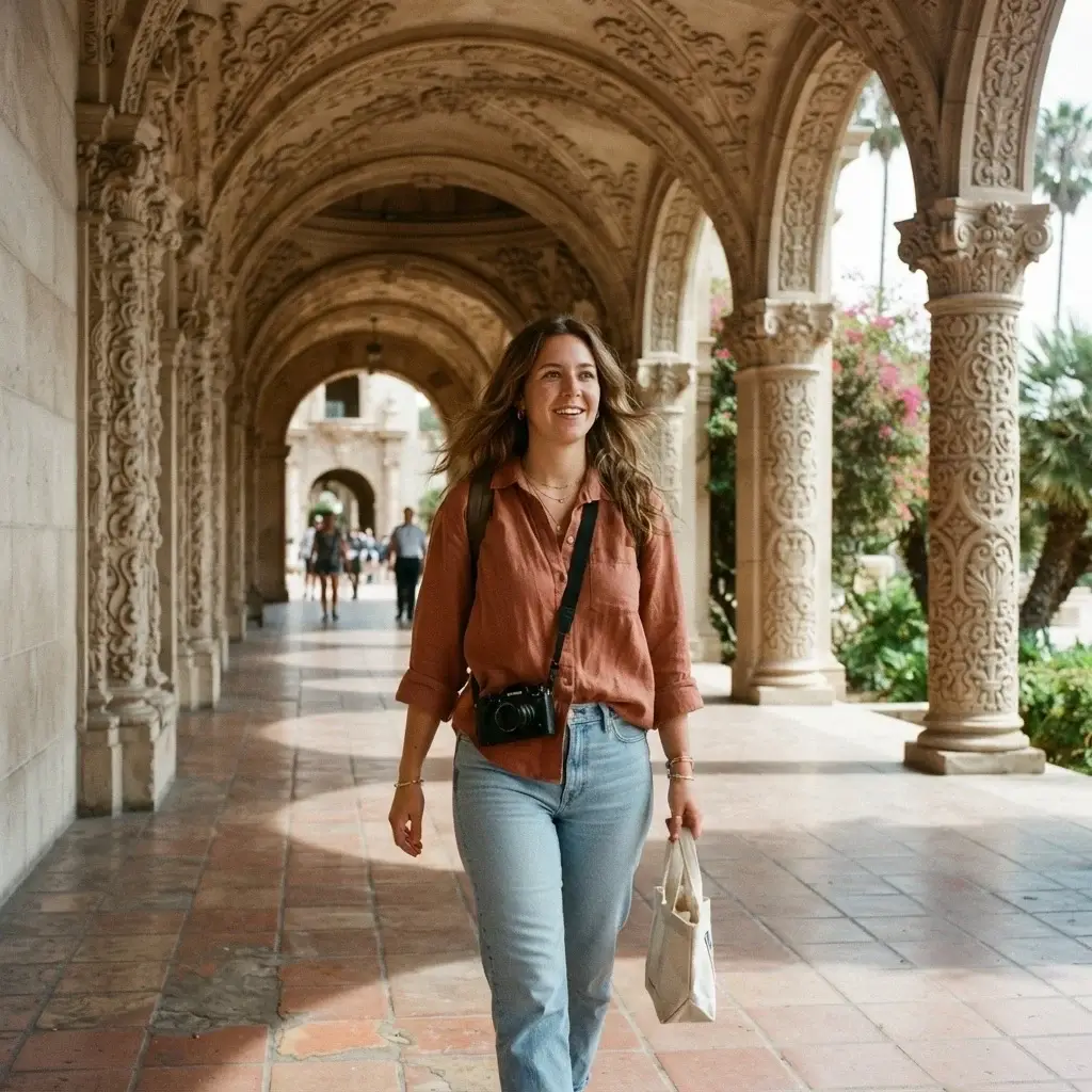 A candid eye-level view of a female traveler carrying a mirrorless camera walking past the intricate Spanish Colonial Revival arches in Balboa Park, San Diego.