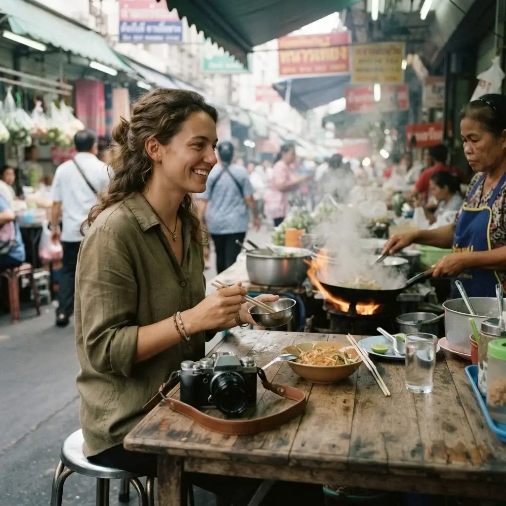 A real, candid photo of female traveler Emma Collins sitting on a simple wooden stool at a bustling open-air street food market stall in Bangkok, waiting for a steaming bowl of local noodles with her mirrorless camera on the table.