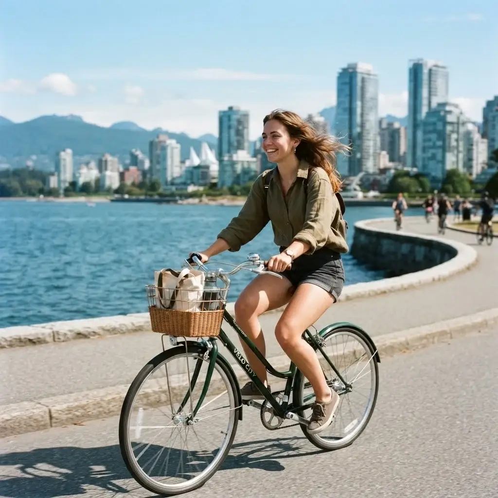 A candid eye-level photo of a female traveler with brown hair riding a city bicycle on the Stanley Park Seawall trail, with the Vancouver skyline and ocean waters in the background during a bright morning.