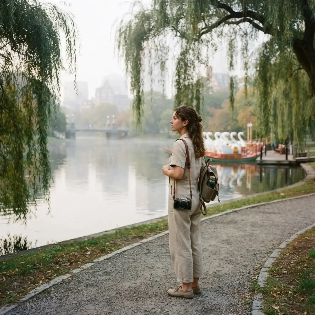 A candid eye-level photograph of a female solo traveler with natural brown hair looking out over the quiet lagoon and weeping willows at the Boston Public Garden in the morning light.