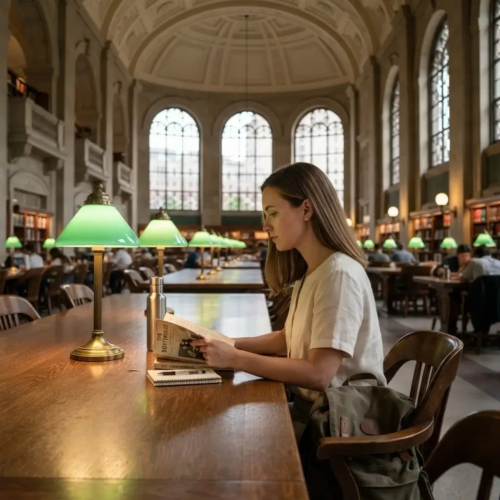 A wide interior shot of a female solo traveler sitting quietly at a long oak table under the iconic green banker's lamps inside Bates Hall at the Boston Public Library.