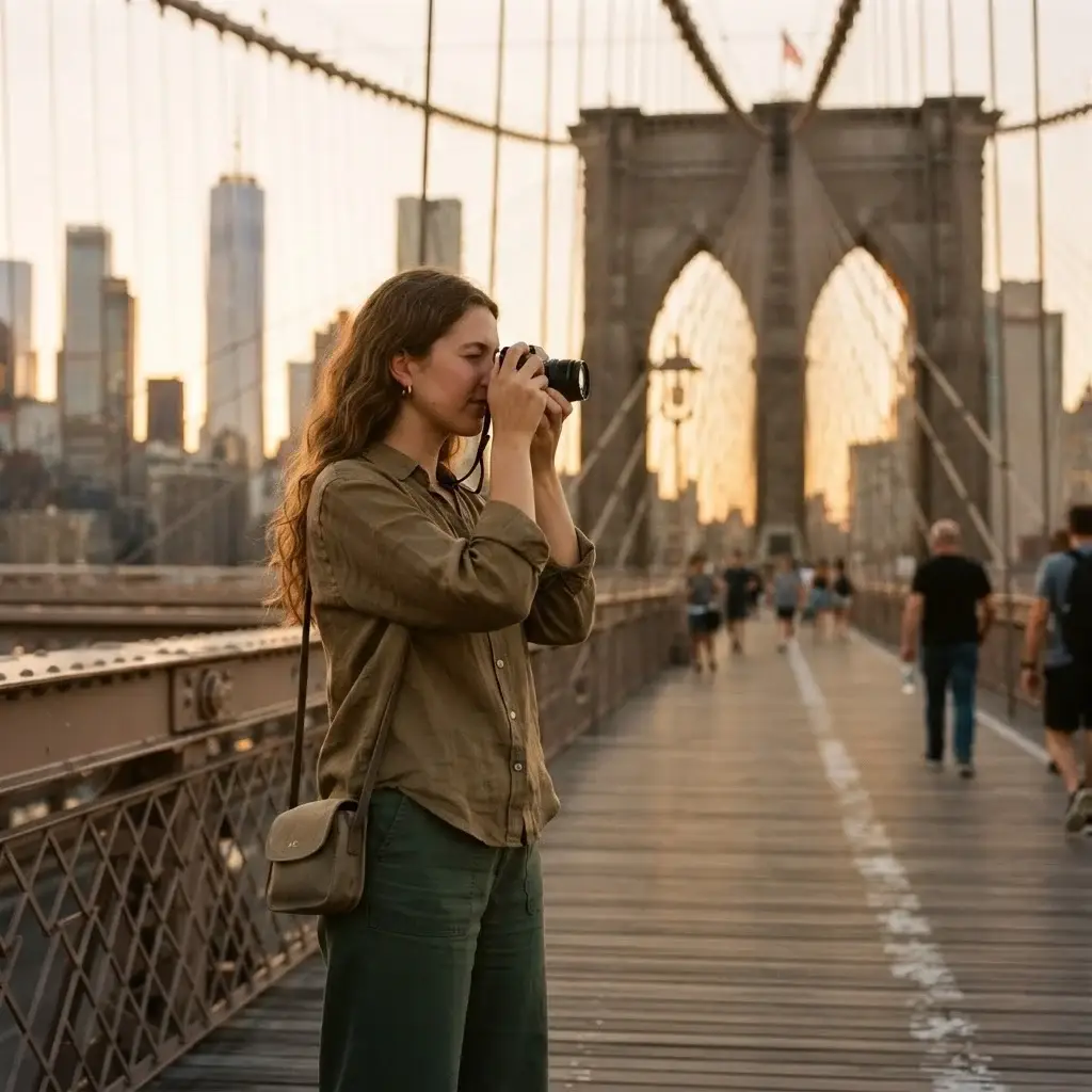 Solo female traveler with natural brown hair and earthy linen clothes raising a compact mirrorless camera toward the Brooklyn Bridge at golden hour, soft warm light reflecting off the East River below