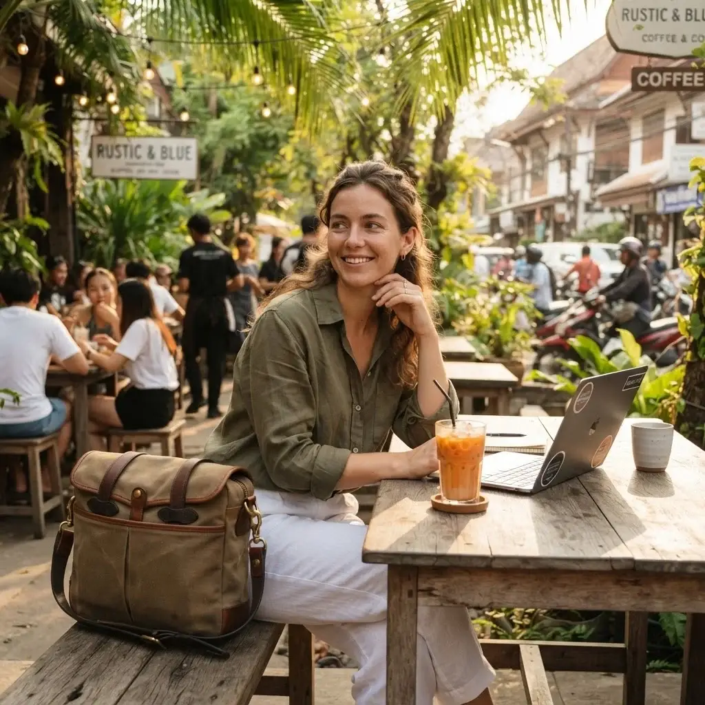 Emma Collins sitting in a charming outdoor cafe in Chiang Mai, Thailand, with a high-quality modern messenger bag beside her and an iced coffee on the wooden table.