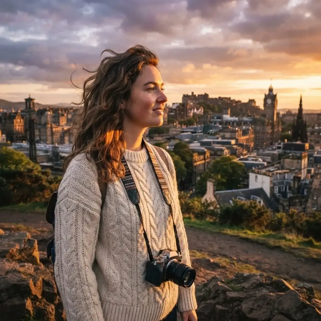An authentic eye-level portrait of a female traveler watching the golden hour sunset over the Edinburgh city skyline and the distant Edinburgh Castle from the top of Calton Hill.