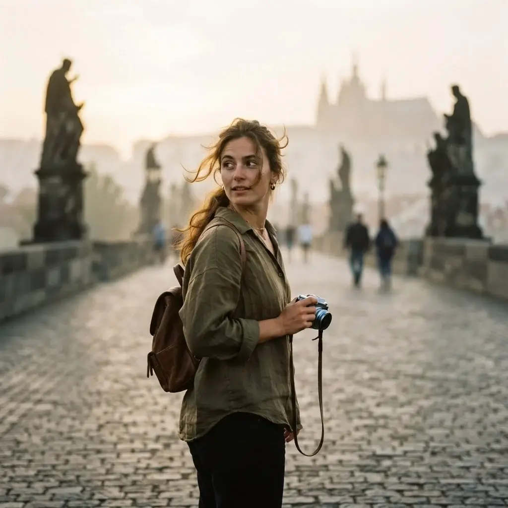 Female solo traveler standing on the wet cobblestones of Charles Bridge in Prague during an early morning mist with historical statues in the background.