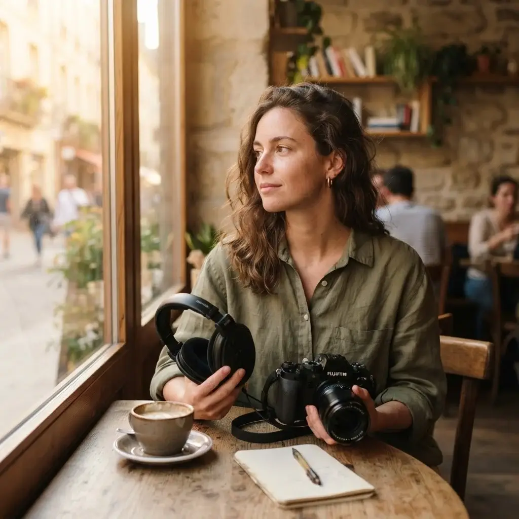 A close-up, candid shot of a young traveler with natural brown hair inspecting her headphones and mirrorless camera, sitting in a cozy, sunlit travel setting.