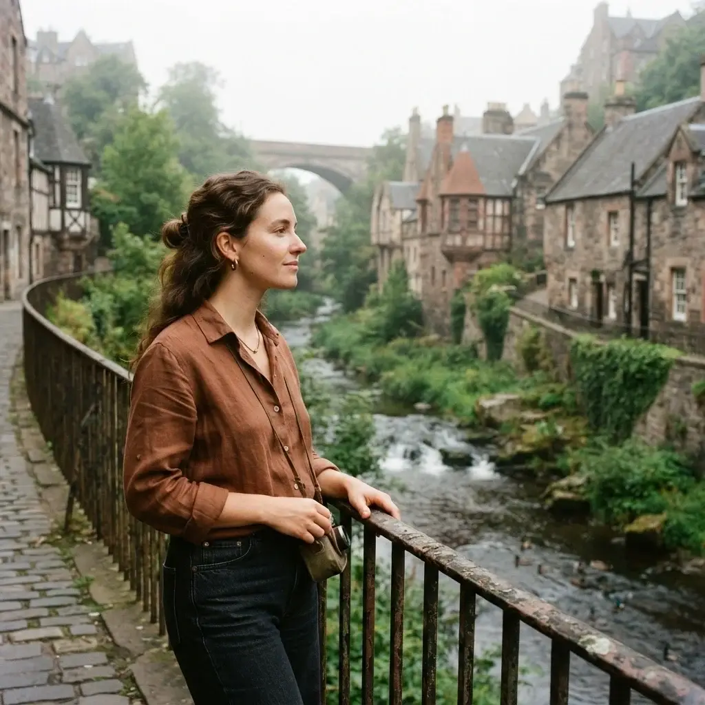 A solo female traveler with natural brown hair looks out over the historic stone cottages and running water of Dean Village along the Water of Leith in Edinburgh.