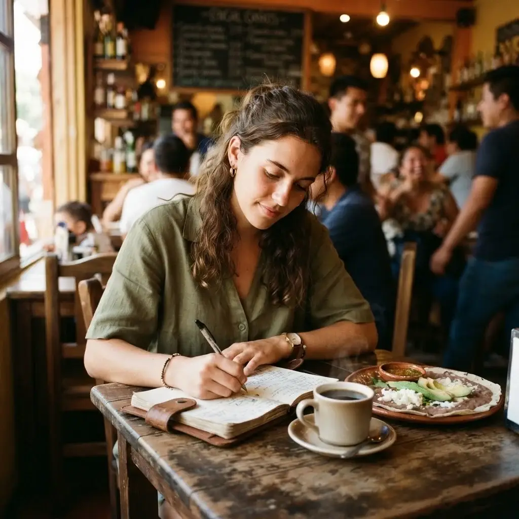 A woman in earthy-toned linen clothes sitting at a rustic outdoor cafe table alone, writing in a travel journal with a coffee and local dish in front of her.
