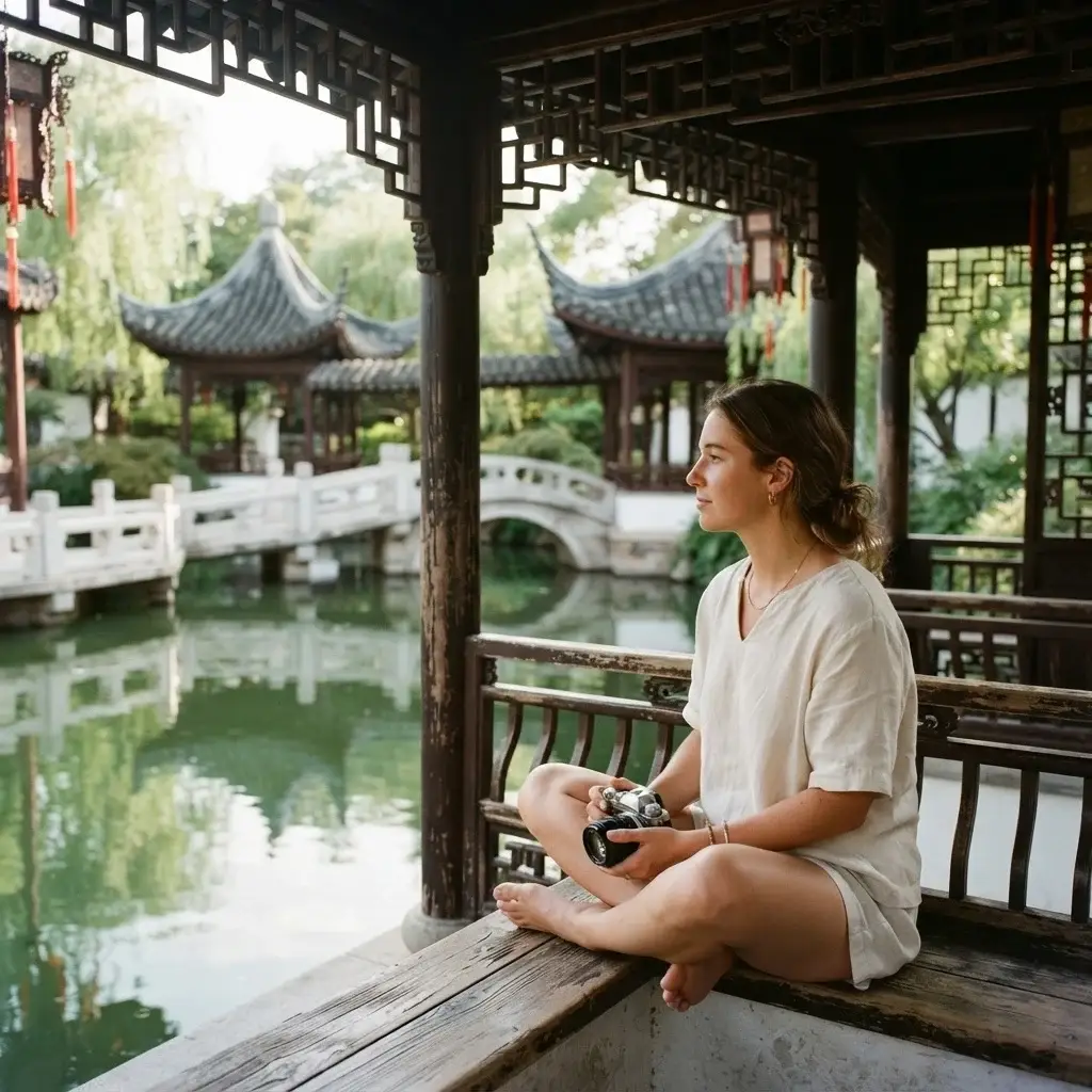 A female traveler in a casual linen shirt sitting inside a traditional wooden pavilion at the Dr. Sun Yat-Sen Classical Chinese Garden in Vancouver Chinatown, looking at a jade-green pond.