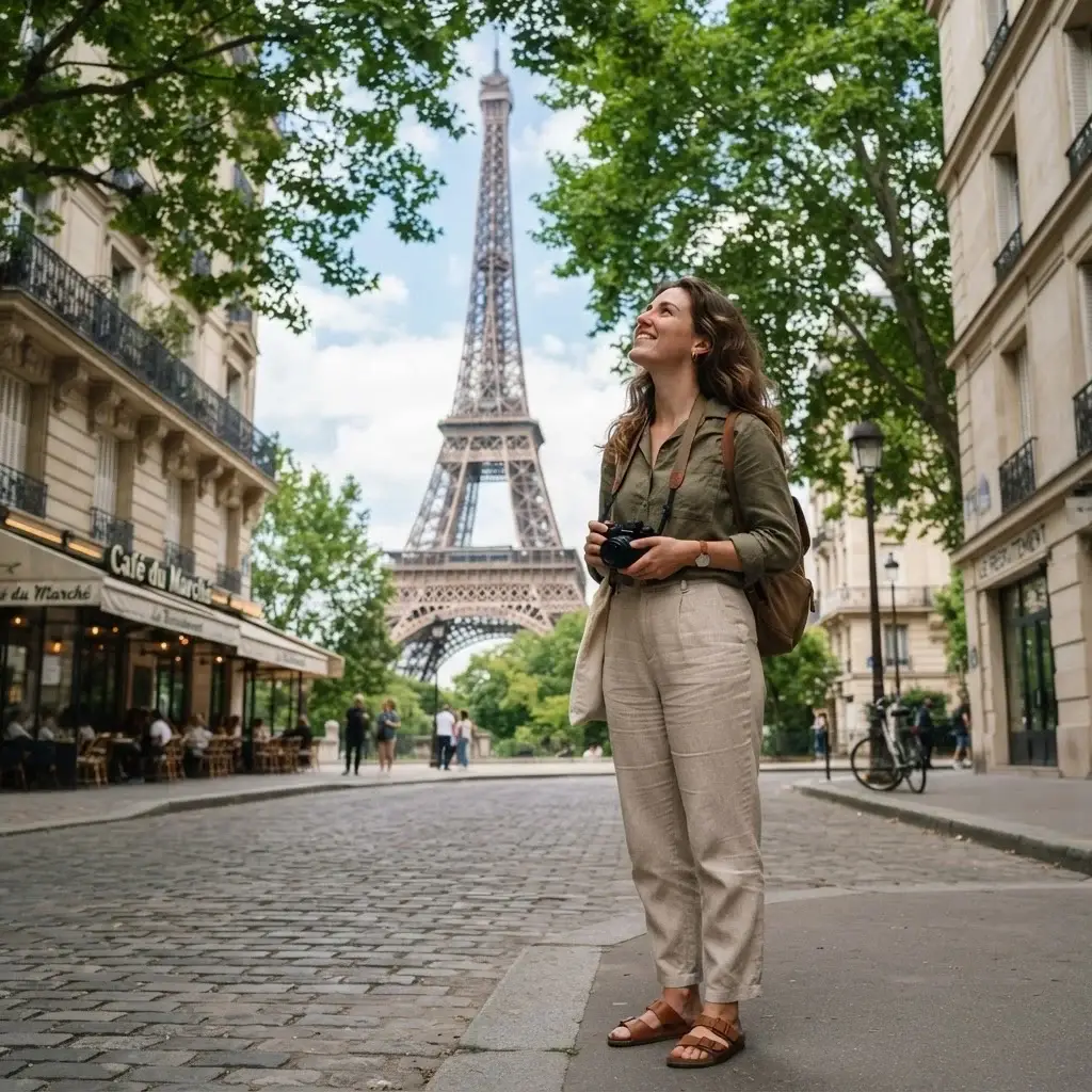 A candid eye-level shot of a young solo traveler looking at the Eiffel Tower from a quiet corner of Rue Saint-Dominique in Paris.