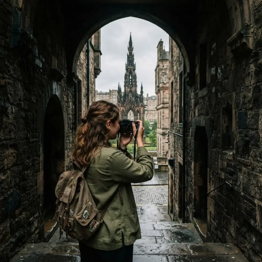 A female solo traveler in linen clothing stands inside the stone archway of Advocate's Close in Edinburgh, capturing a photo of the distant Scott Monument with a mirrorless camera.