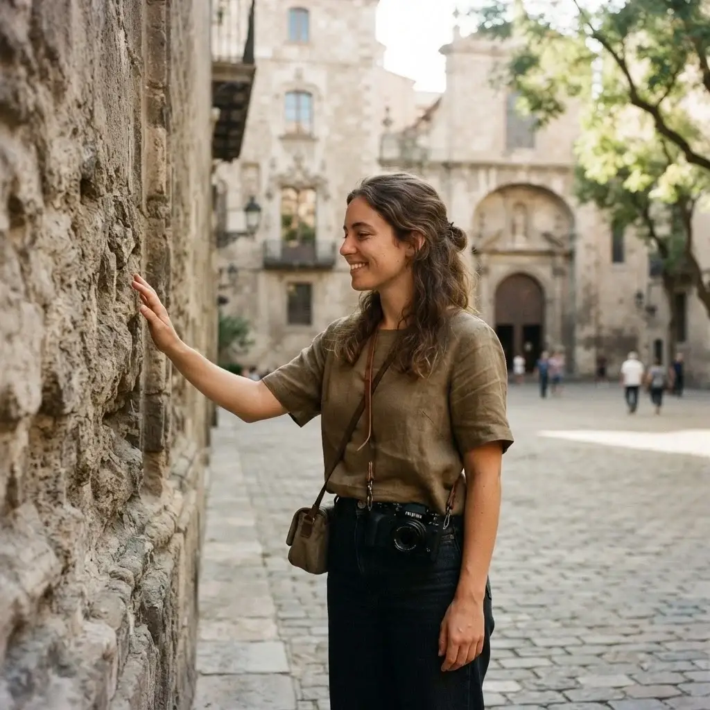 A female solo traveler with brown hair in a linen shirt looks up at the historic stone walls of a quiet courtyard plaza in Barcelona's Gothic Quarter.