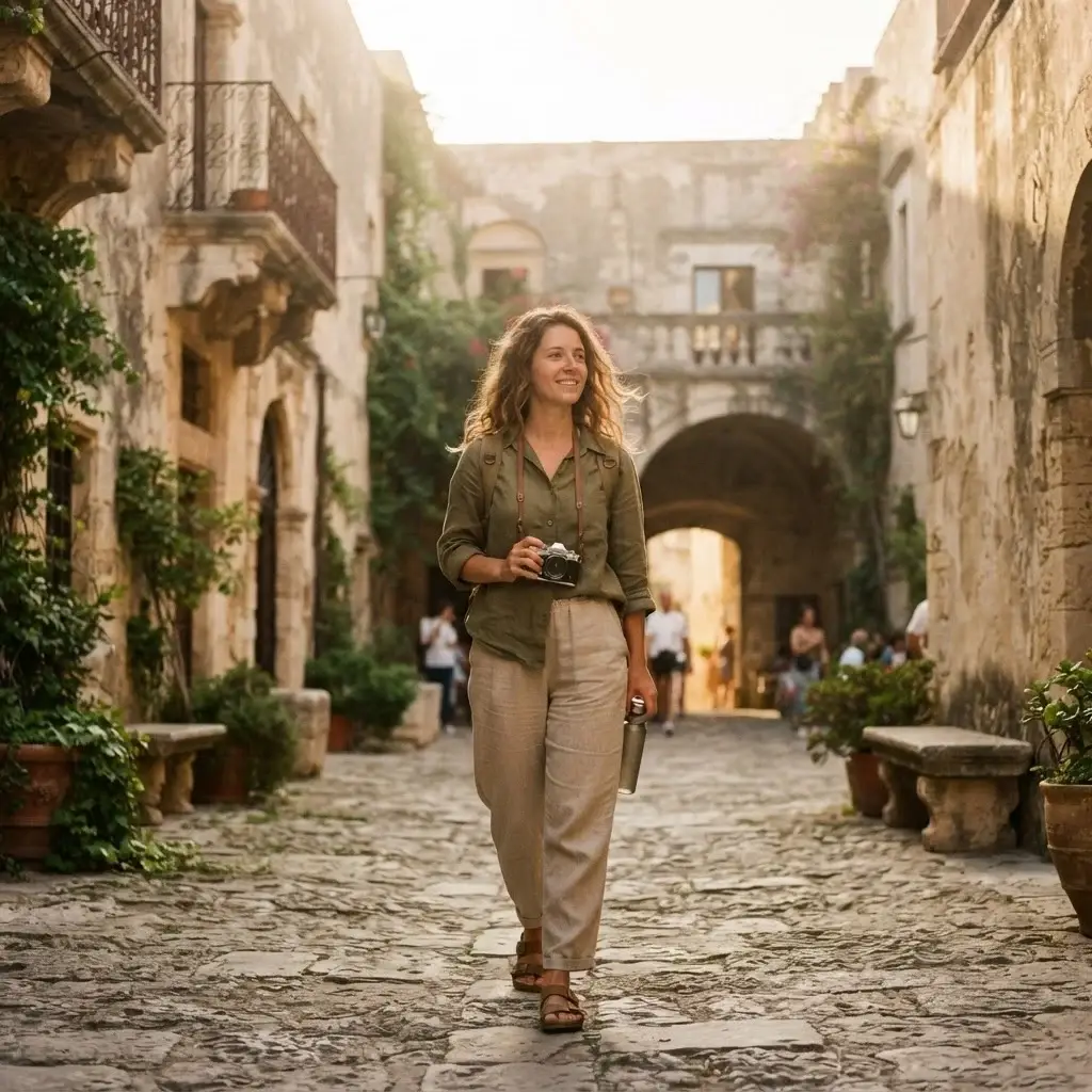 A solo traveler with a mirrorless camera observing an ancient stone courtyard with deep architectural detail, bathed in soft, natural morning light.