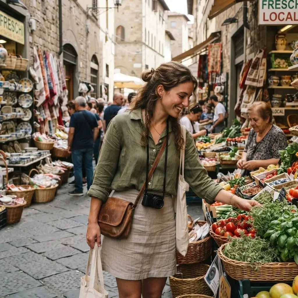 A candid eye-level shot of a female traveler with brown hair browsing a vibrant, authentic local outdoor food market in a historic city, focusing on fresh ingredients and local atmosphere.