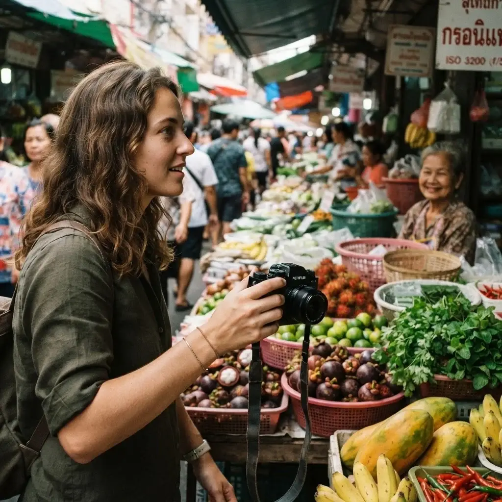 Emma Collins standing in a vibrant, historic city food market, observing local ingredients and local culinary traditions with a curious expression.
