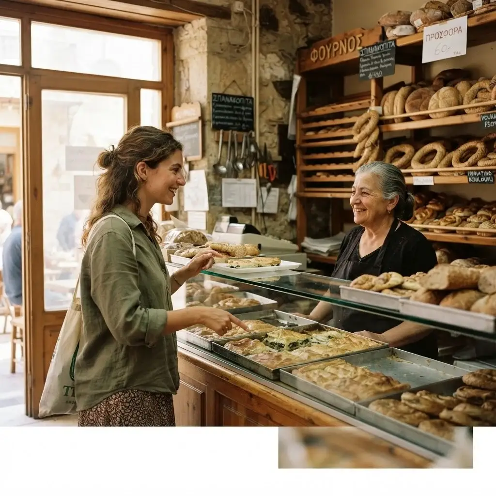 A young female traveler picking out a fresh spinach pie at a traditional Greek bakery or Fournos, interacting with local culture.